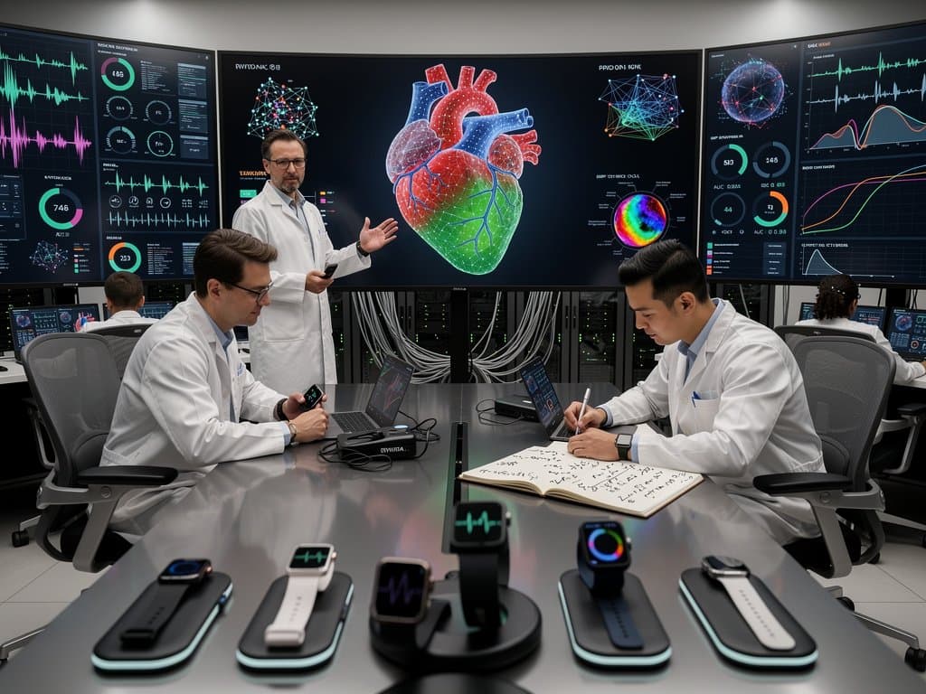 Futuristic AI lab displaying 3D heart models, ECG data, neural networks amid glowing servers and wearables