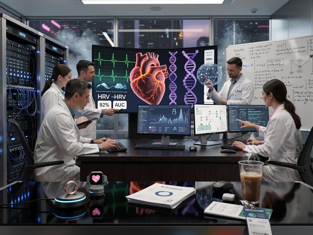 High-tech lab with curved monitor showing AI-analyzed 3D heart model, ECG, HRV data, and overlays amid wearables, servers, and modern office elements