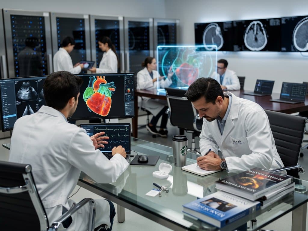 High-tech lab screens show AI-analyzed 3D heart models, echocardiograms, and ECGs in innovative cardiac research environment