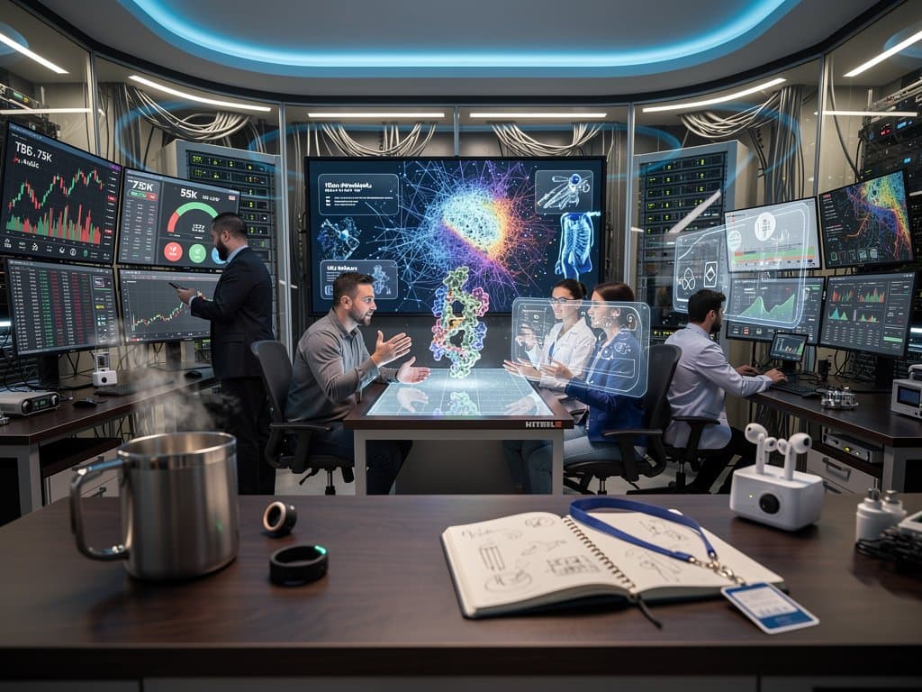 Holographic AI dashboards in health lab showing protein models, biomarkers, and BTC charts