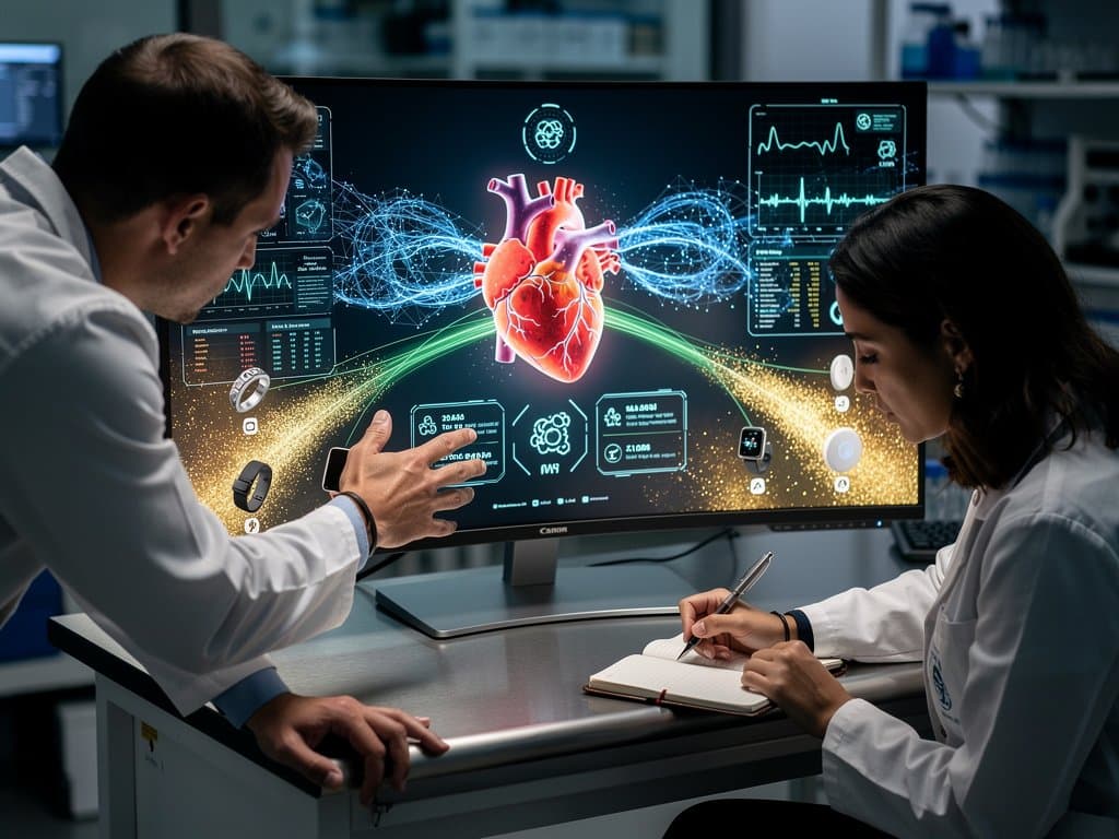 AI interface analyzes 3D heart model with diagnostic overlays and wearable data streams in high-tech lab setting