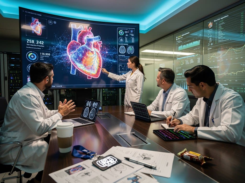 AI diagnostics for heart failure on lab monitors with neural overlays and charts