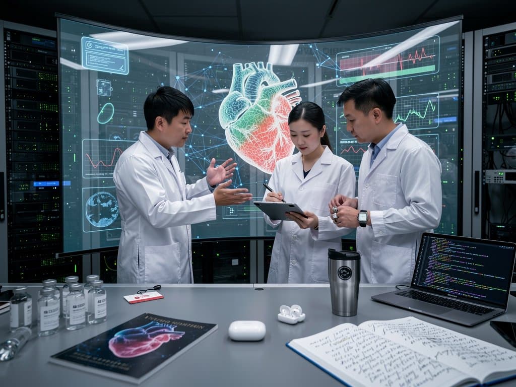 AI lab in Shenzhen analyzes heart scans with 3D models and prediction heatmaps on monitors amid tech workstations